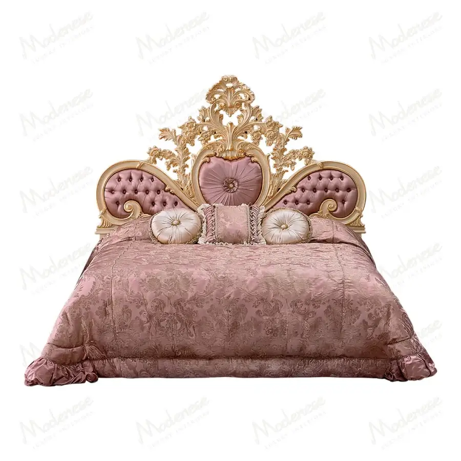 Distinguished Modenese Pink royal bed handcrafted in pink satin with glossy gold-toned wood and meticulous capitonné detailing
