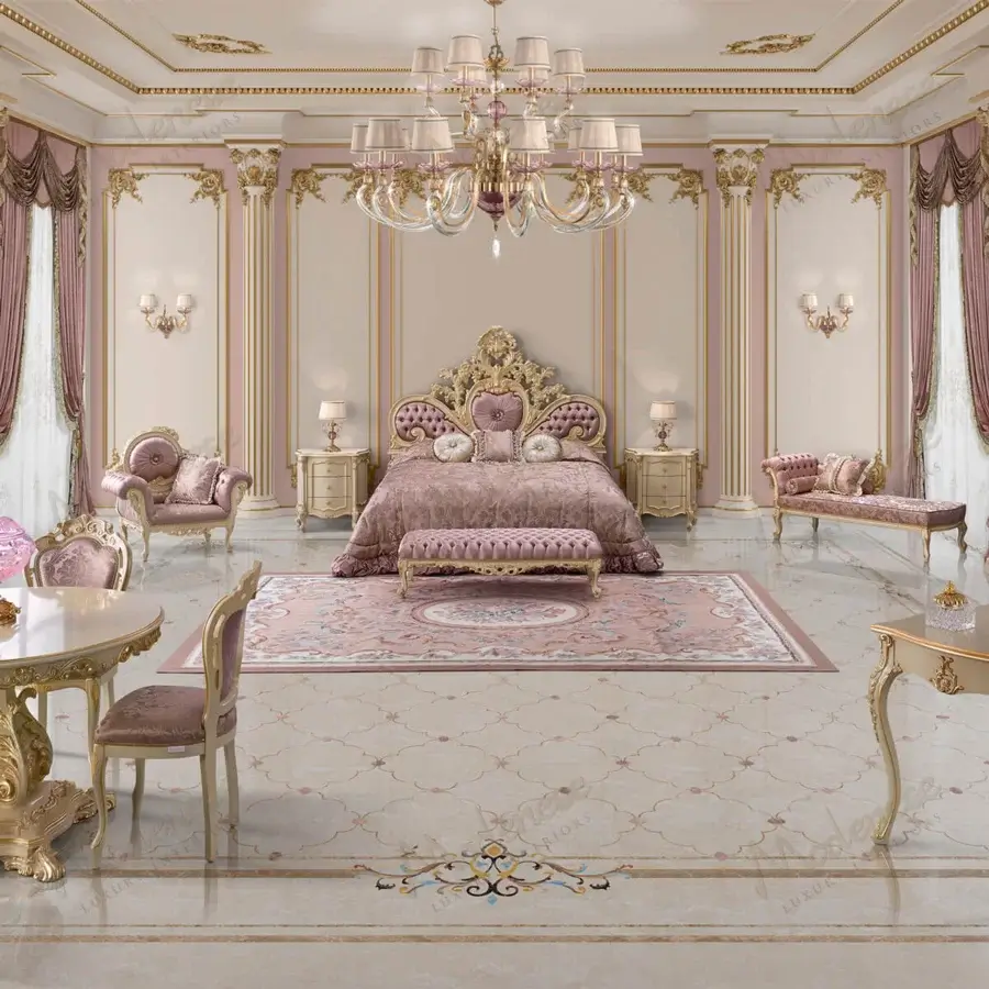 Lavish Modenese Pink royal bed crafted in pink satin with skilled capitonné detailing and glossy wood finish