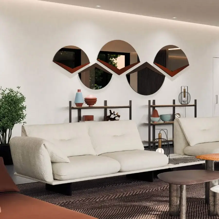 Sophisticated Borzalino Connor sectional with creamy textured bouclé upholstery and seamlessly integrated base