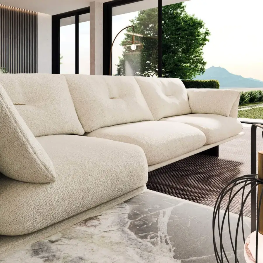 Exceptional Borzalino Connor sectional with creamy bouclé textile upholstery and sweeping curved form for inviting comfort