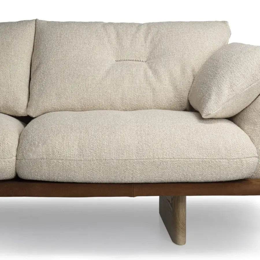 Meticulous Borzalino Connor sectional in textured neutral beige textile with a satin-finish darker wood base