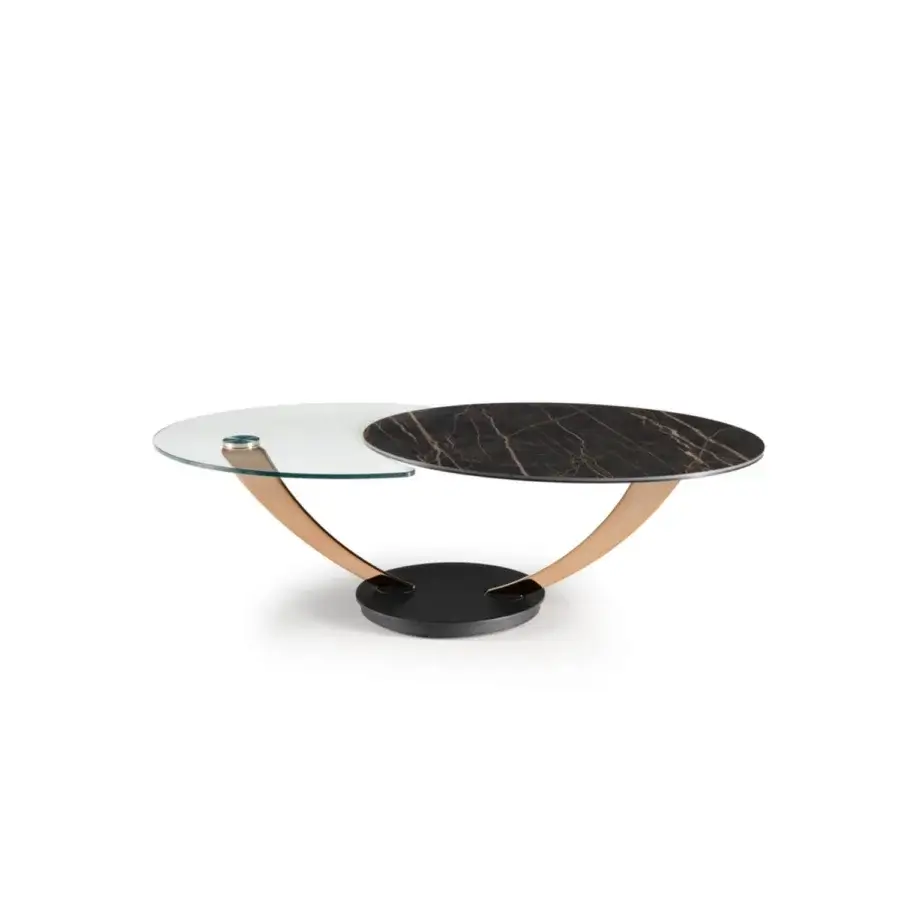 Elegant Naos Balestra coffee table with a dark marbled ceramic and clear glass surface, built with a curved painted base