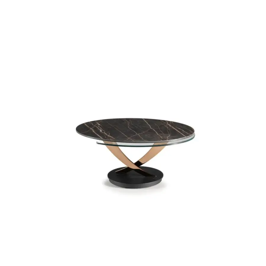 Distinguished Naos Balestra coffee table with synchronized revolving tops in polished dark ceramic and curved metal supports