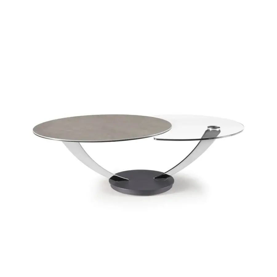 Exceptional Naos Balestra coffee table with revolving glass and matte grey ceramic tops plus polished metal base with galvanically treated finish
