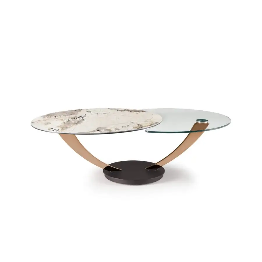 Superior Naos Balestra coffee table with synchronized revolving ceramic and glass tops in marbled beige, cream, and gray with a galvanically treated golden metal base
