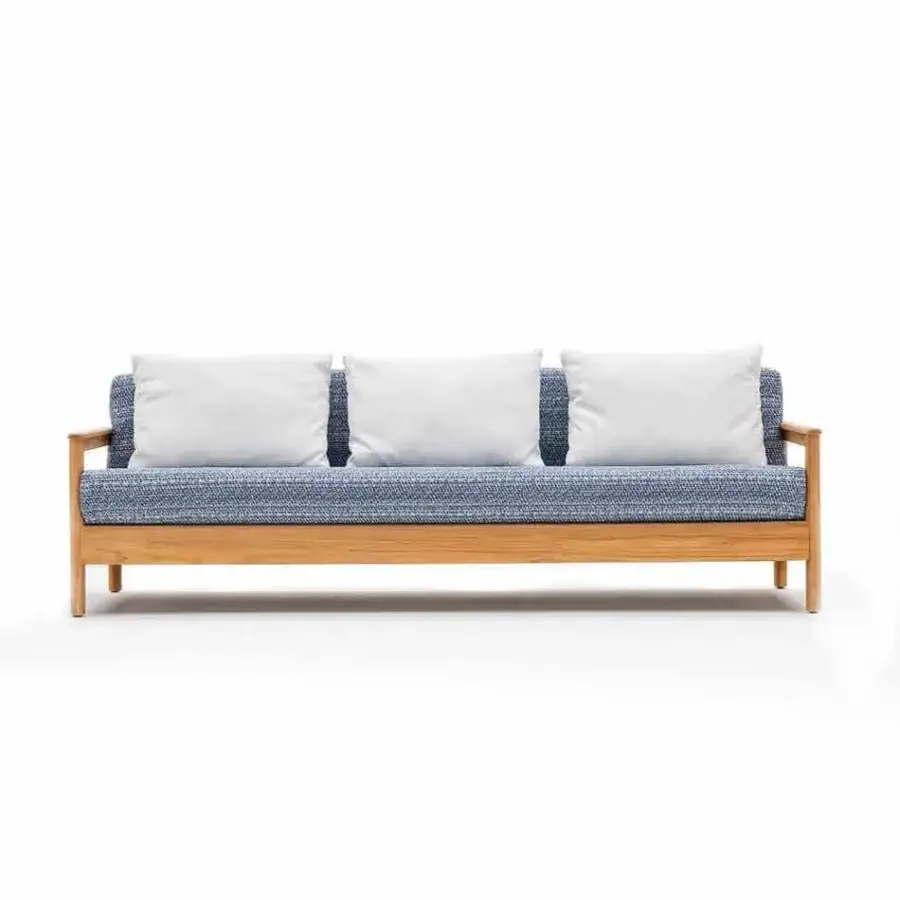 Exceptional Varaschin Bali sofa with blue and white patterned textile upholstery and light plantation-certified solid teak construction