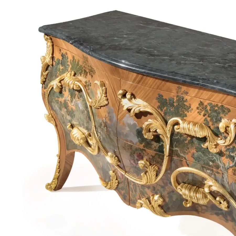 Lavish Armando Rho A1443 dresser handcrafted in Italy with satinwood, floral decorations and warm gold leaf detailing