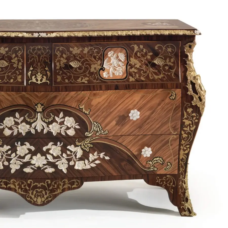Exquisite Armando Rho A1397 dresser crafted in Italy with rosewood, olive wood, brass inlays, gold leaf and liquid ceramic carvings with a glossy finish