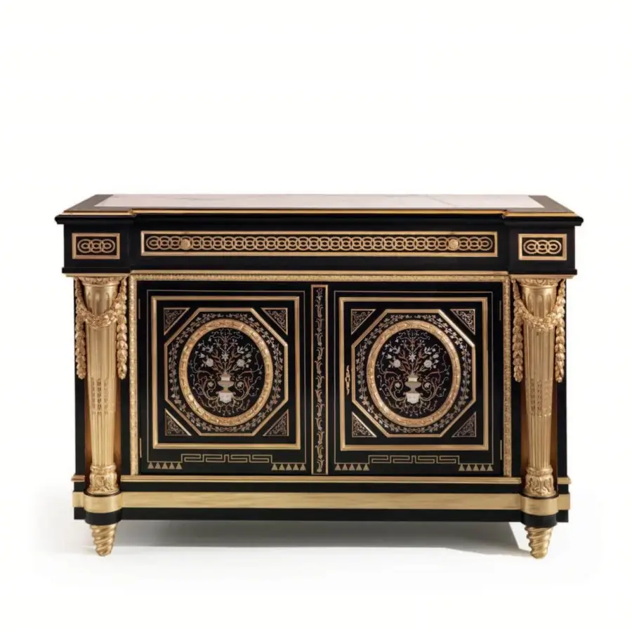 Superior Armando Rho A1396 sideboard crafted in Italy with ebony amara, White Statuario marble and gilded metal inlays