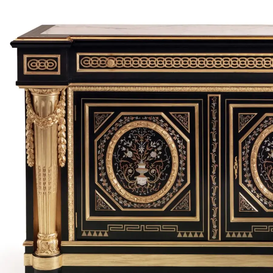 Exquisite Armando Rho A1396 sideboard crafted in Italy with ebony amara, gold inlays and a White Statuario marble top