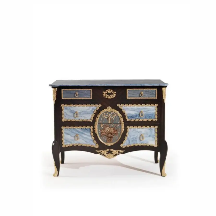 Superior Armando Rho A1400 & A1424 dresser handcrafted in Italy with smoked eucalyptus wood and Azul Bahia marble inserts, exhibiting gold leaf accents
