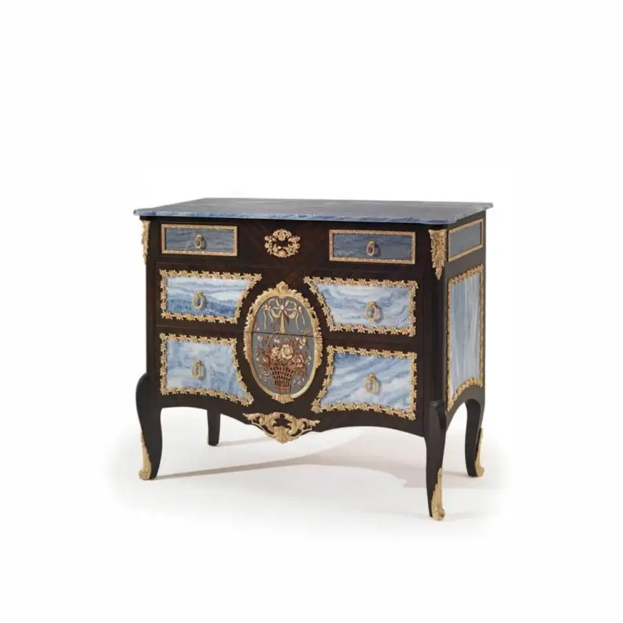 Distinguished Armando Rho A1400 & A1424 dresser crafted in Italy with smoked eucalyptus wood and Azul Bahia marble inserts in gold leaf finish