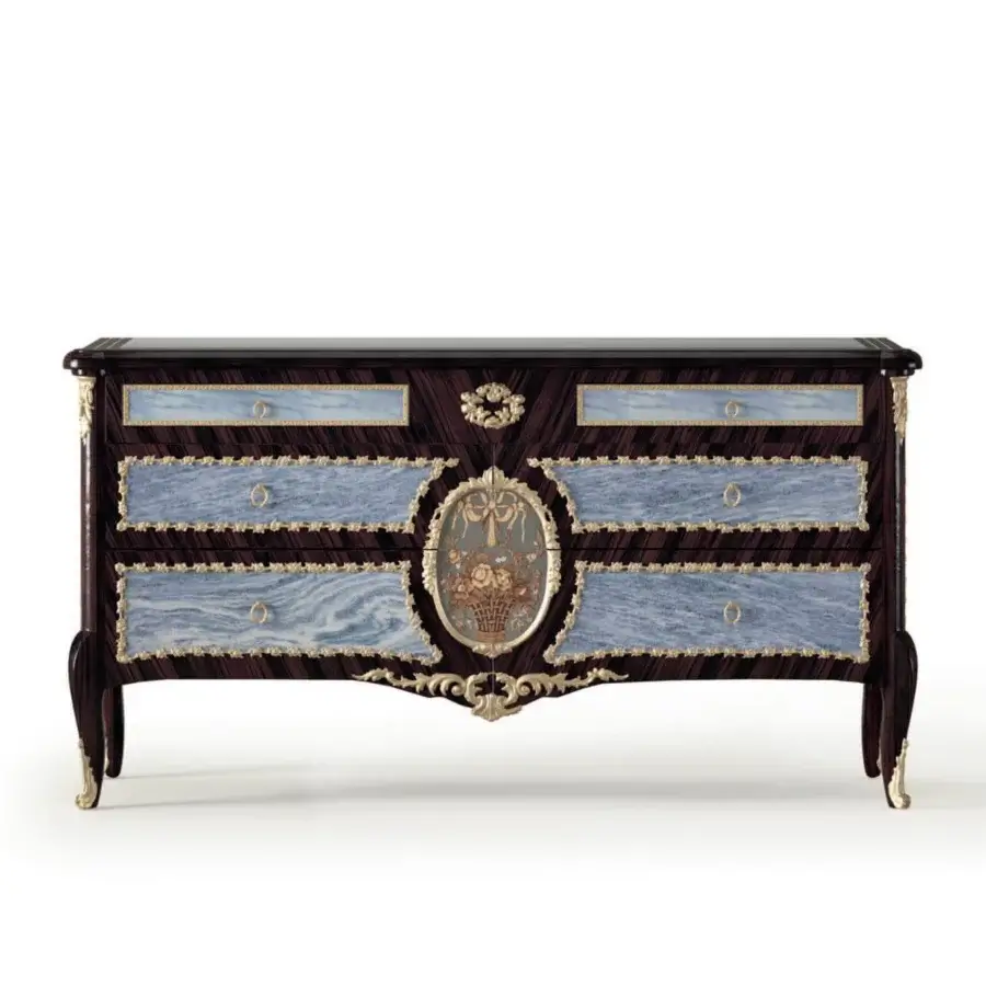 Superior Armando Rho A1400 & A1424 dresser crafted in Italy with smoked eucalyptus wood, Azul Bahia and Azul Macaubas marble, plus gold leaf finish