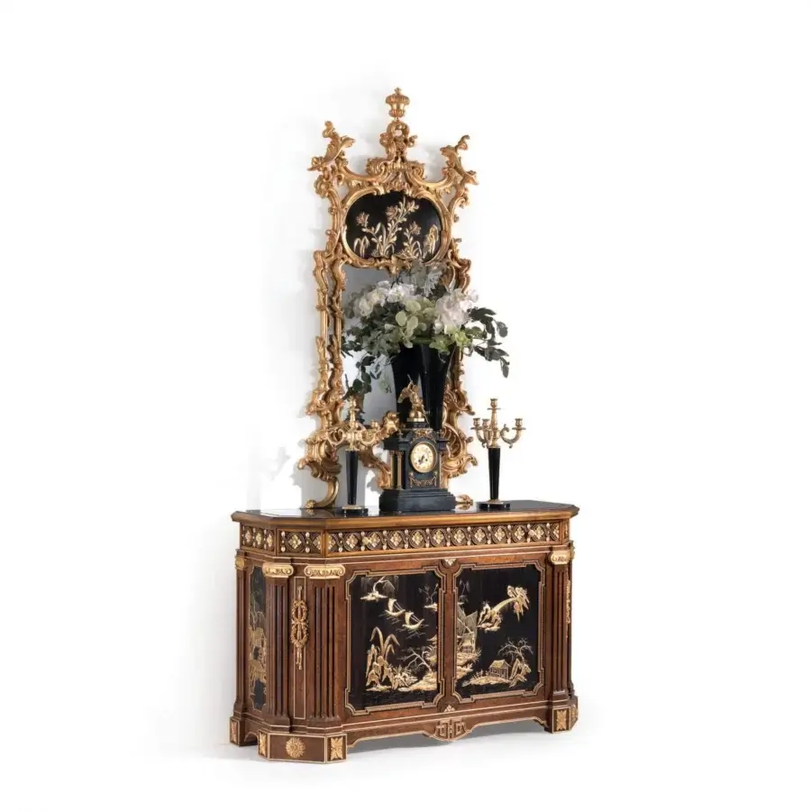 Exceptional Armando Rho A1377 cabinet handcrafted in Italy with walnut Persian burl and amara wood, boasting a deep black finish with gold ornamentation