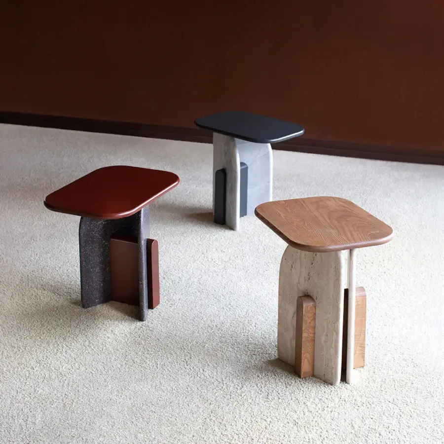 Superior Carpanese Home Slabs side table in dark brown wood with a light column, exhibiting a textured matte finish
