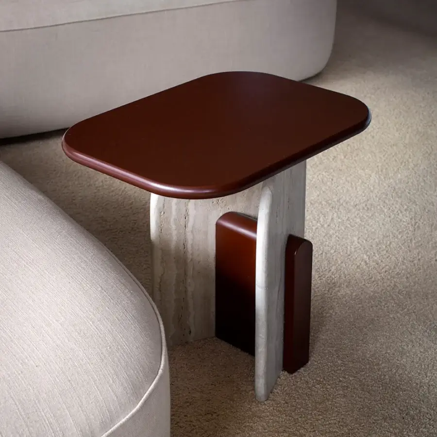Distinguished Carpanese Home Slabs side table crafted in reddish-brown wood with a stone-like composite base and glossy finish