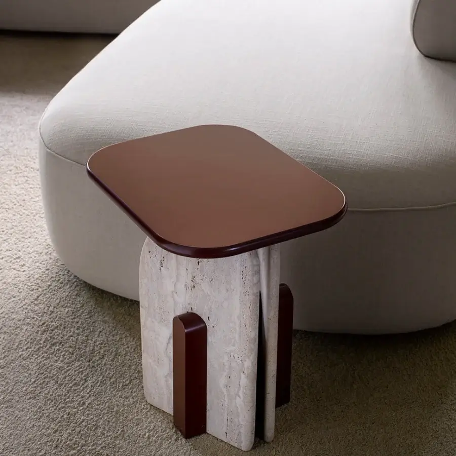 Architectural Carpanese Home Slabs side table built in reddish-brown multi-material panels and light stone-like material with glossy and matte finish