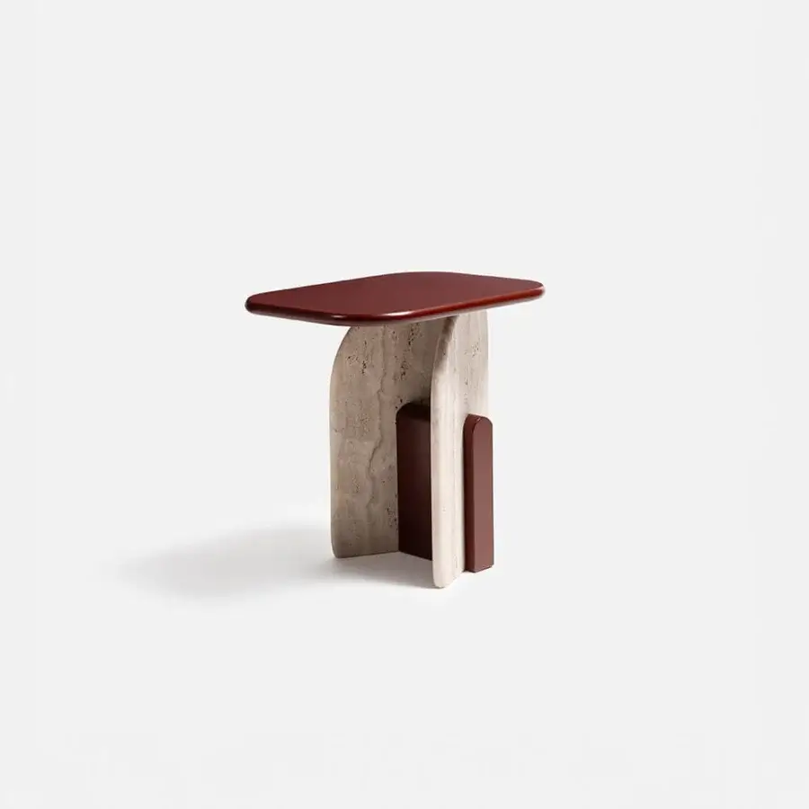 Distinguished Carpanese Home Slabs side table crafted in reddish-brown wood with creamy beige stone supports exhibiting a contemporary aesthetic