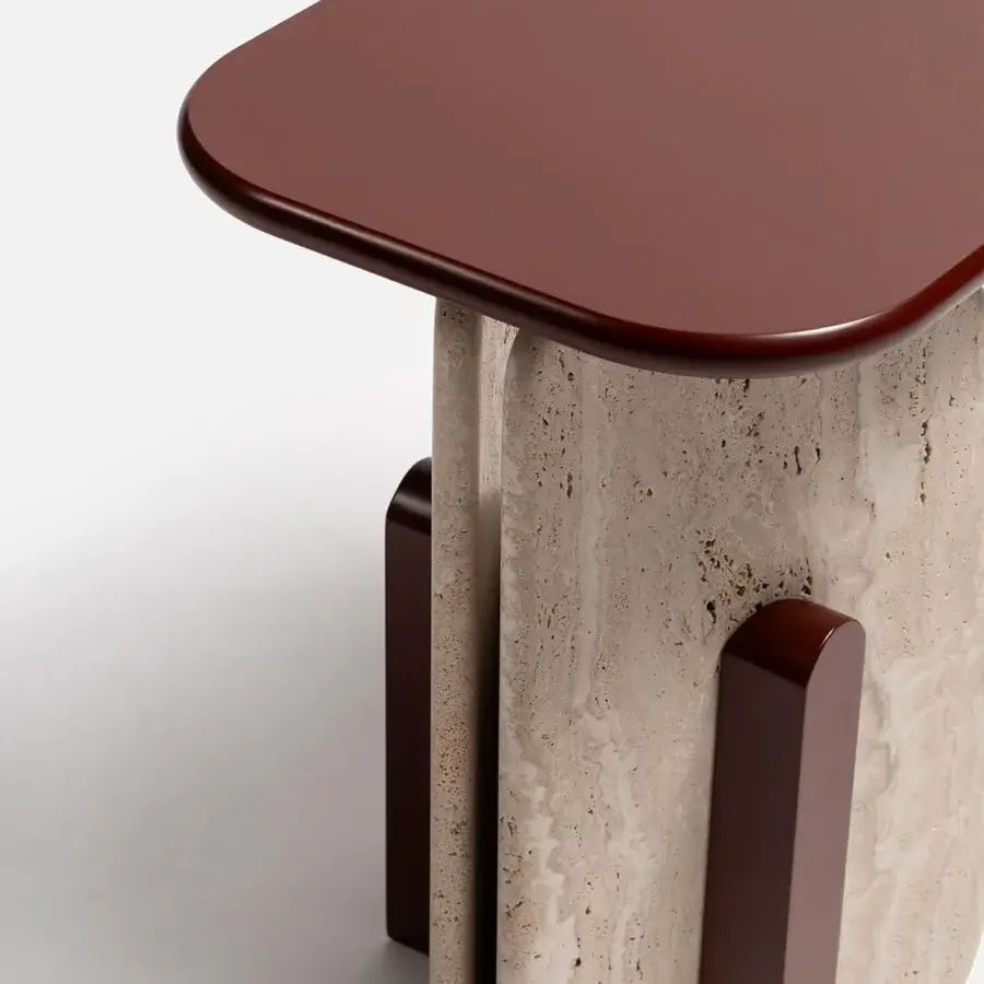 Elegant Carpanese Home Slabs side table built with reddish-brown and pale beige textured stone, plus dark-toned wood accents