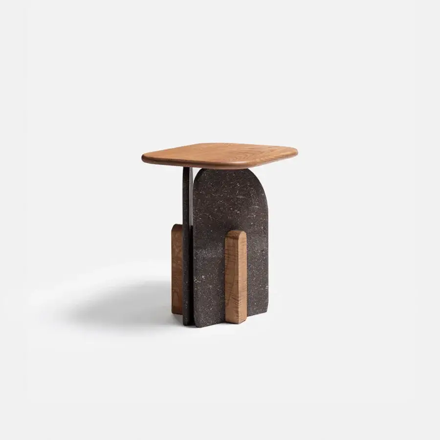 Distinguished Carpanese Home Slabs side table with warm brown wood grain and dark grey textured composite material in satin finish