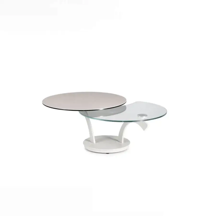 Innovative Naos Foli coffee table with dual-tiered glass surface and gracefully curved white painted base