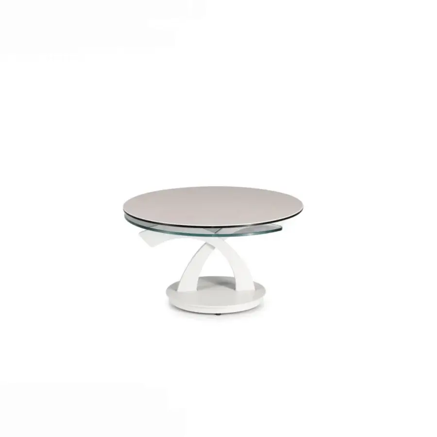 Superior Naos Foli coffee table with synchronized revolving clear glass tops and painted white curved base