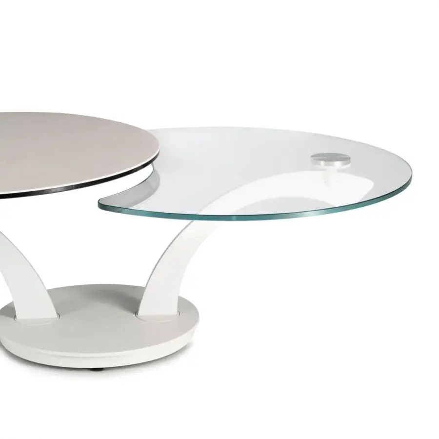 Distinguished Naos Foli coffee table with synchronized revolving clear glass and painted white tops crafted in Italy