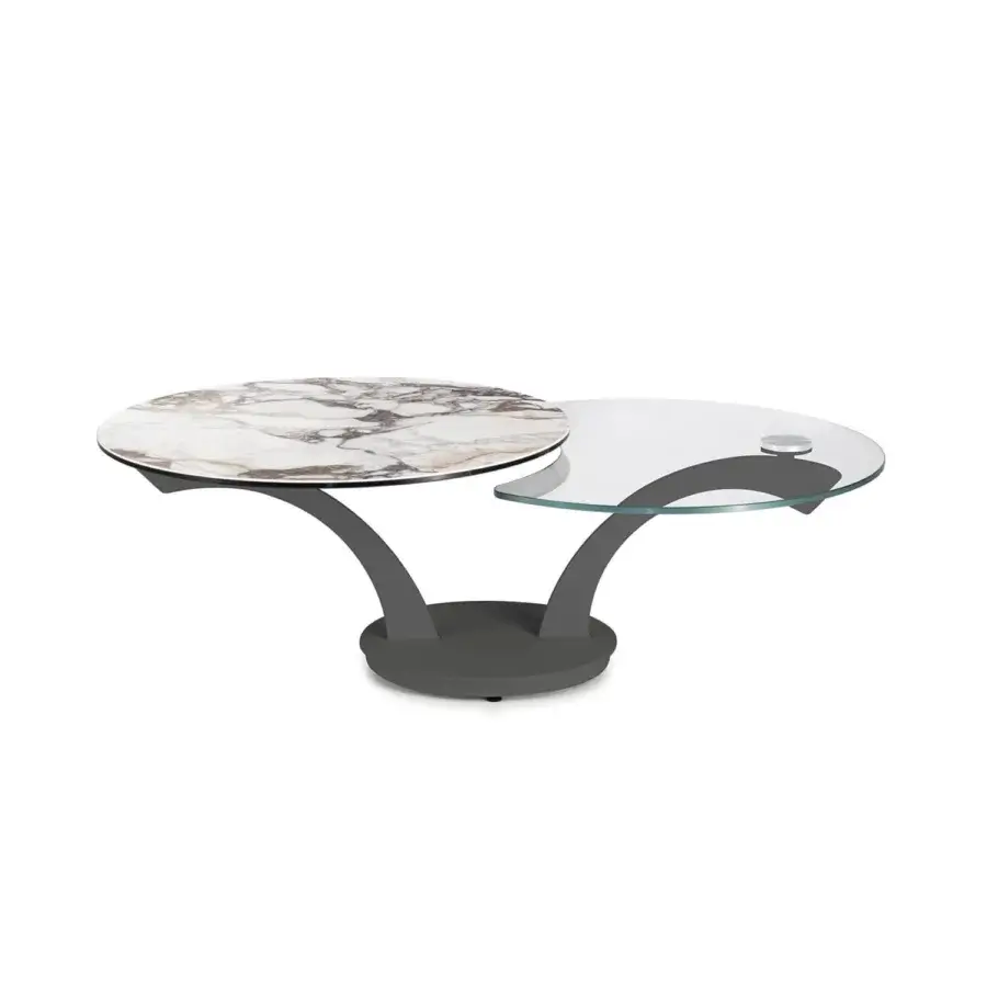 Elegant Naos Foli coffee table with synchronized revolving marbled beige, brown, and white ceramic and clear glass tops in dark gray painted metal