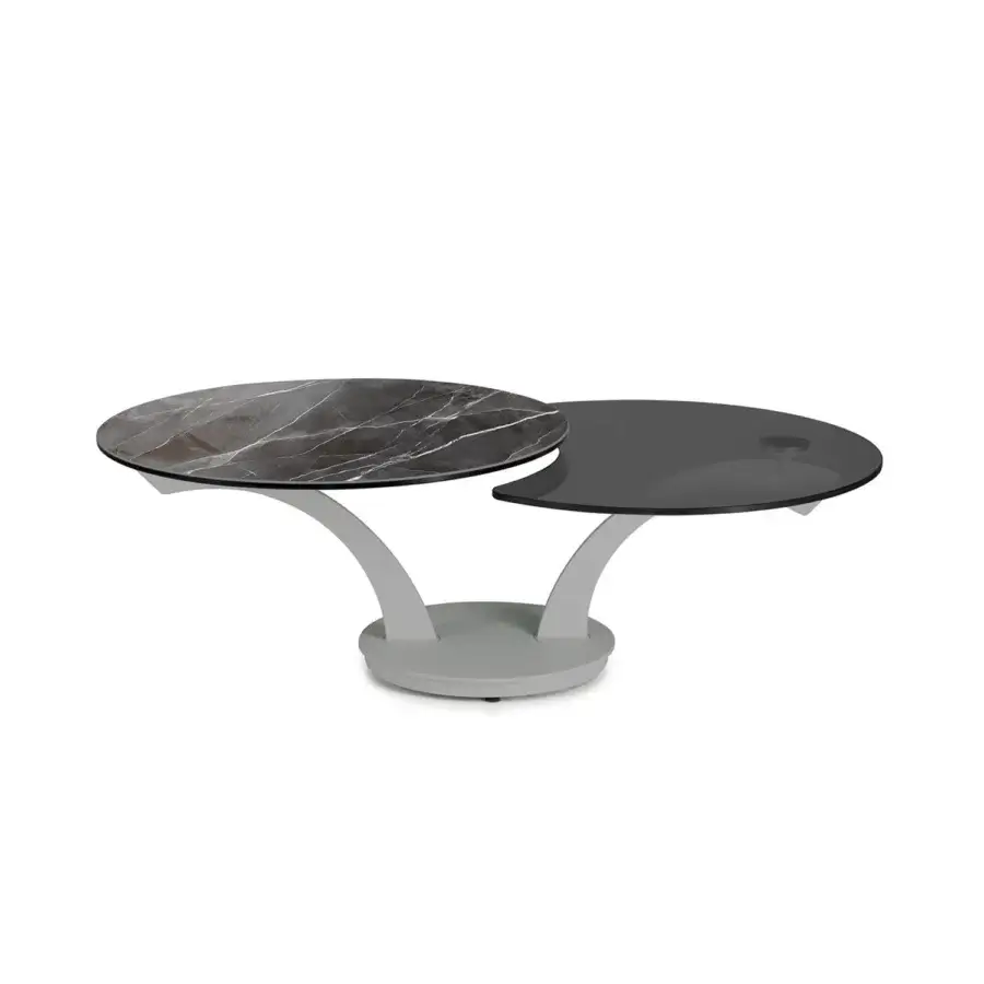 Innovative Naos Foli coffee table with synchronized revolving marbled gray and black glass tops and refined painted elements