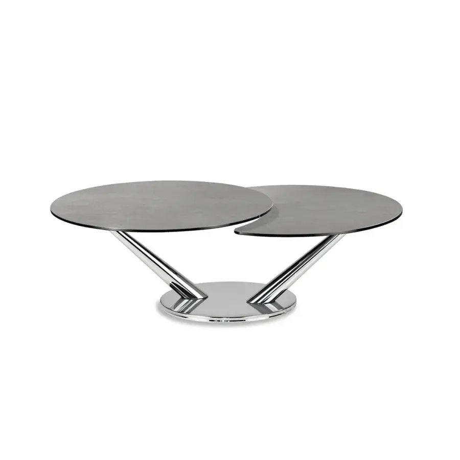 Distinguished Naos Abra coffee table with synchronized revolving dark gray glass surfaces and highly polished reflective metal structure