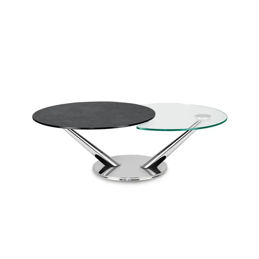 Exceptional Naos Abra coffee table crafted in Italy with revolving dark wood and glass tops plus a glossy chrome painted steel base