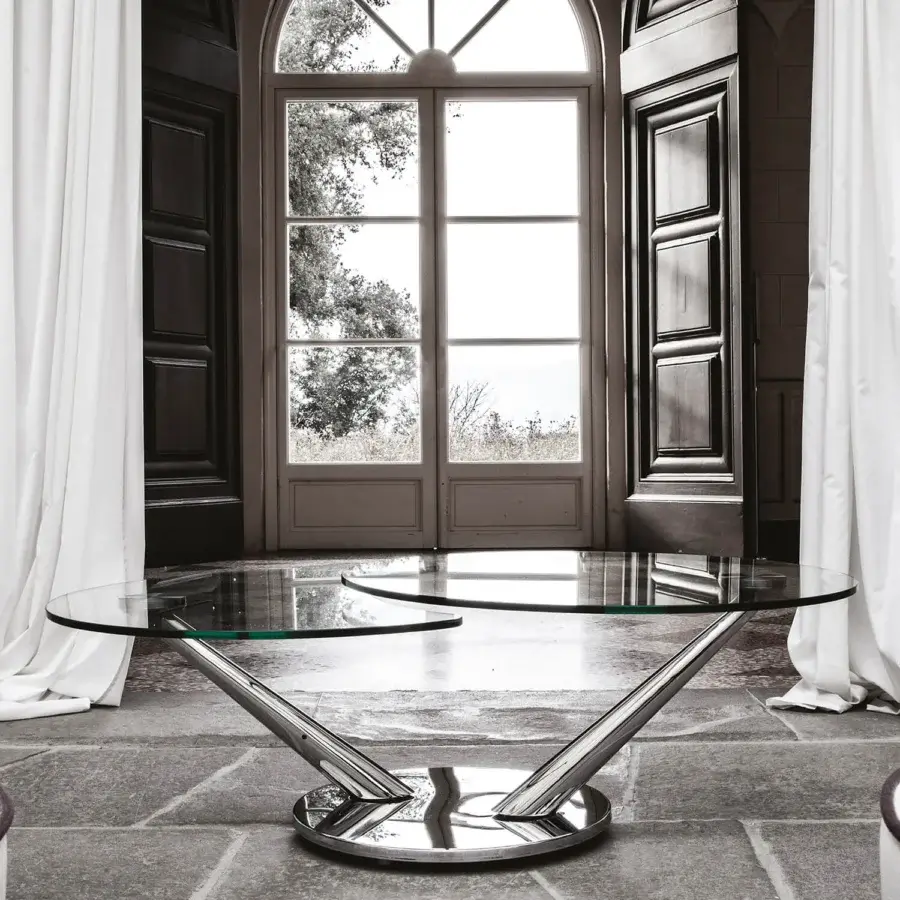 Superior Naos Abra coffee table with extensible dual-tiered glass tops and polished galvanized steel base