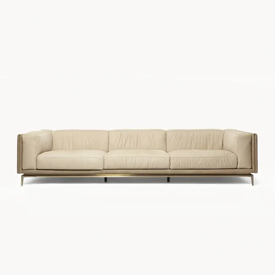 Sophisticated Visionnaire Legend sofa with light beige textile upholstery and satinized stainless steel frame built with poplar and steel