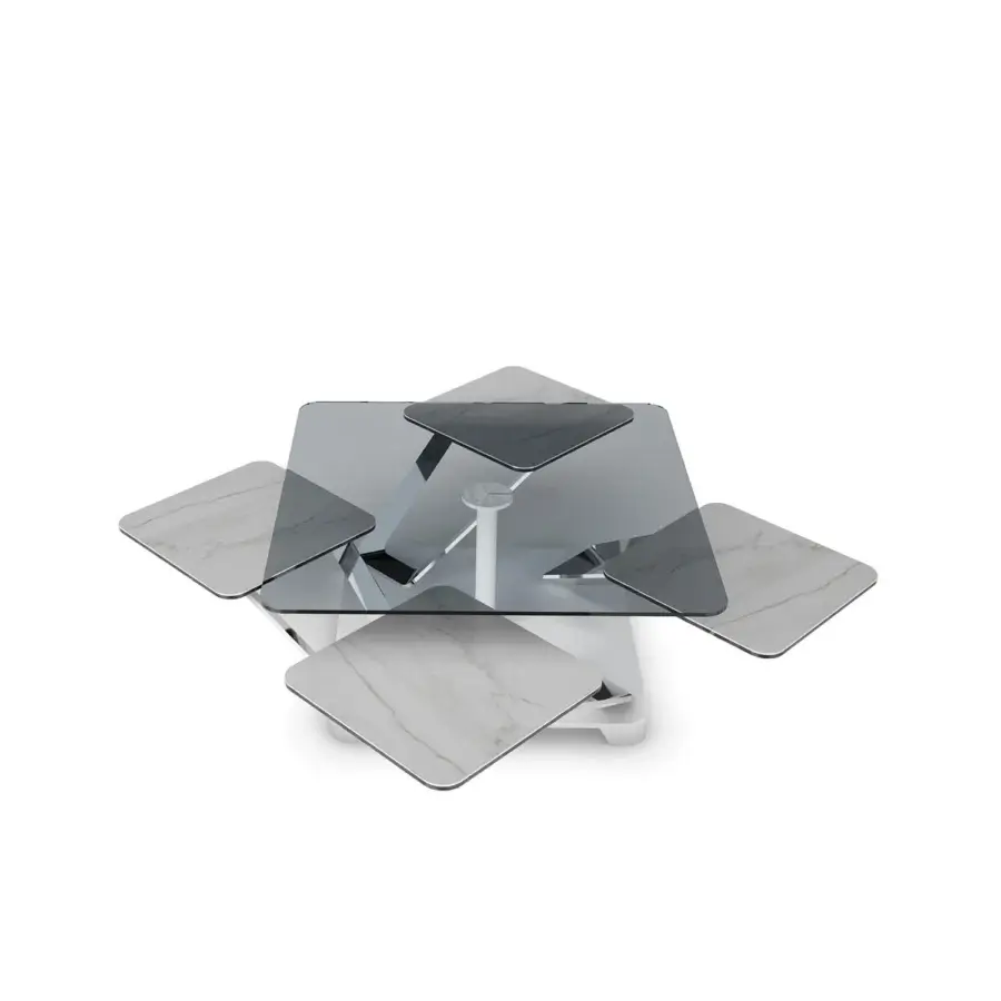 Superior Naos Altair coffee table with extensible structure and clear plus grey tinted glass tops resting on painted steel