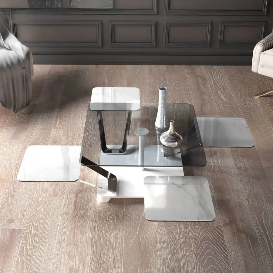 Innovative Naos Altair coffee table with extensible structure in clear glass and pale beige marble-veined wood finish