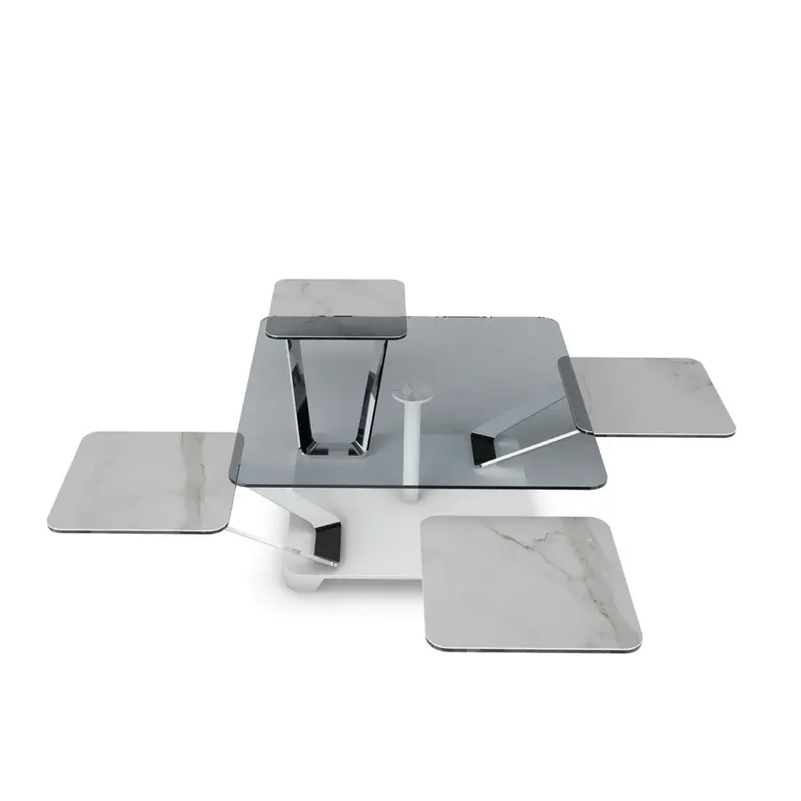 Distinguished Naos Altair coffee table with extensible structure in transparent glass and grey ceramic tops with white painted steel base
