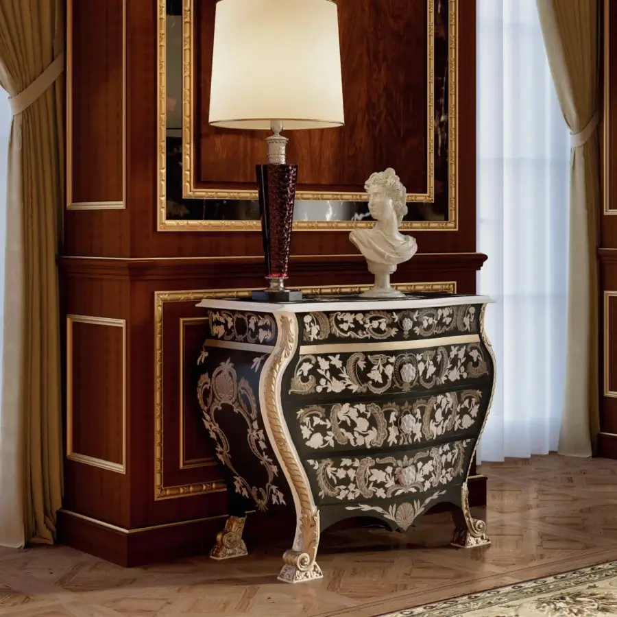 Lavish Armando Rho A1395 dresser handcrafted in ebony amara with mother of pearl, aluminum, and exotic wood veneer inlays and gold leaf detailing