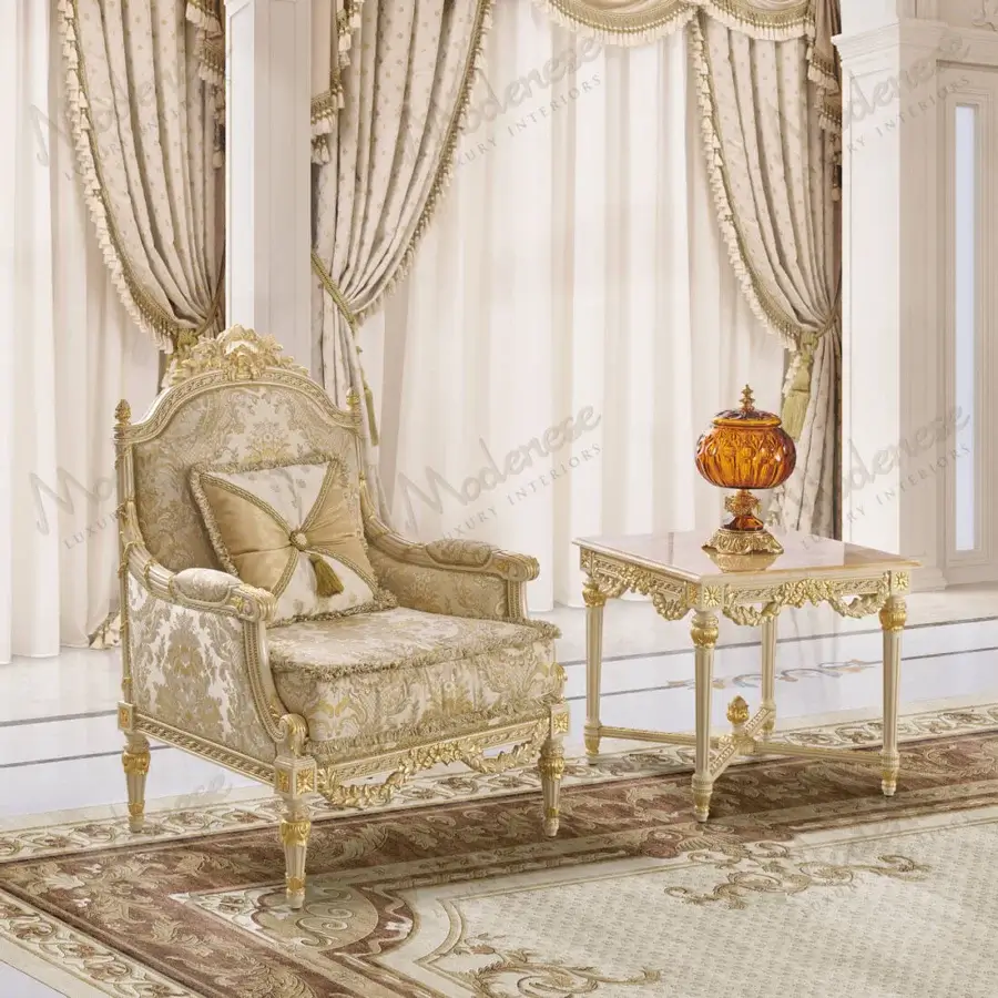 Exquisite Modenese Imperial Majesty lounge chair crafted in golden wood with plush cream damask and ornate carvings