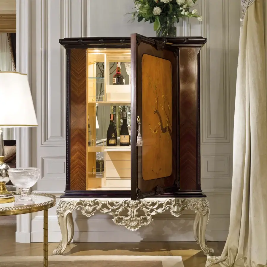 Architectural Provasi 1322 bar cabinet crafted from Palissander wood with platinum silver finish and golden floral detailing