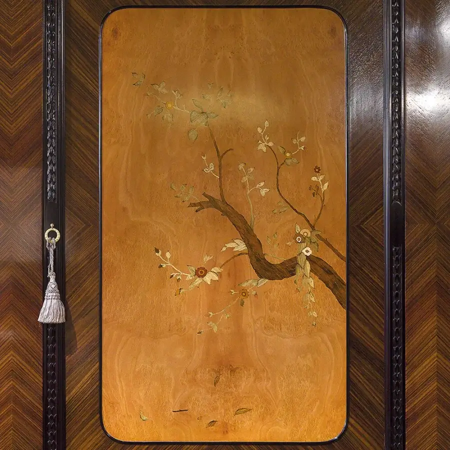 Exceptional Provasi 1322 bar cabinet built in Palissander wood with platinum silver finished wood and inlaid tree branch design