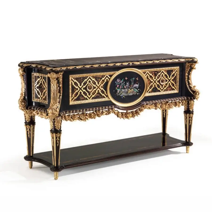 Traditional Armando Rho A1412 sideboard crafted in ebony amara and turtle shell with ornate gilded detailing exhibiting baroque influences