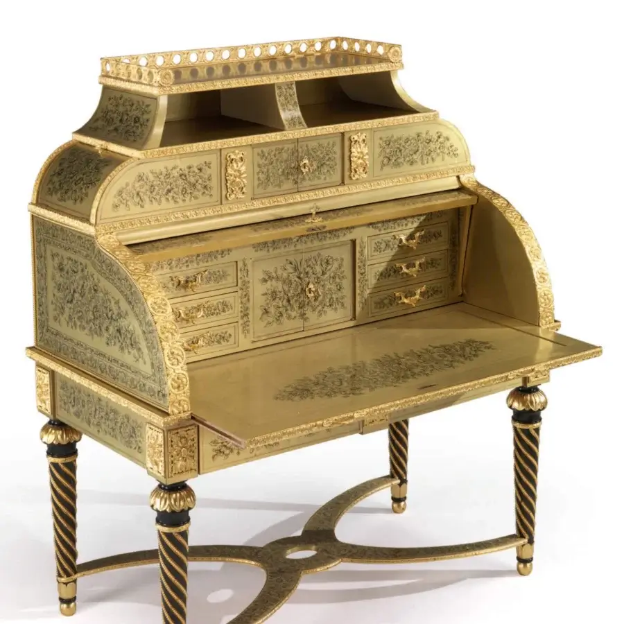 Exceptional Armando Rho A1391 desk with olive green wood and gold detailing in a satin sheen