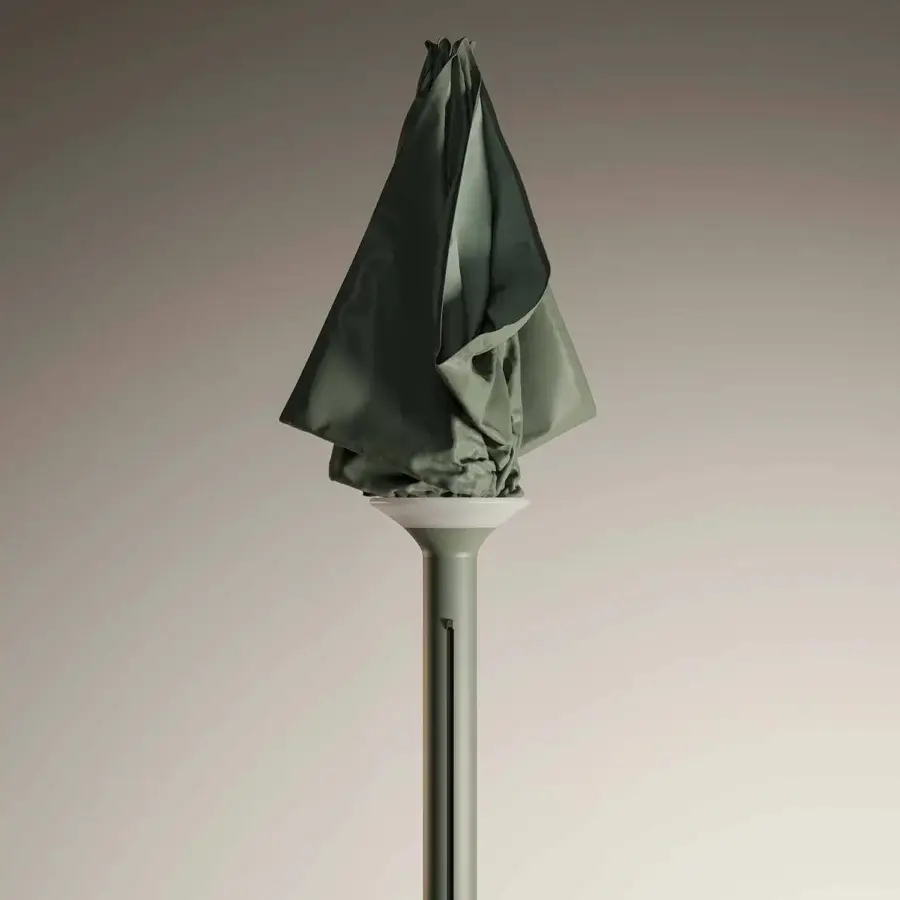Superior Royal Botania Anamon sunshade crafted with a grayish-green satin canopy and sleek metal pole offering integrated warm white lighting