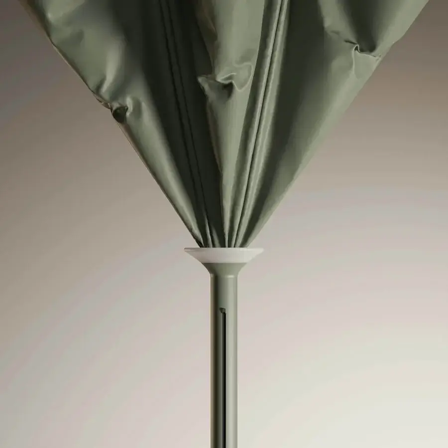 Elegant Royal Botania Anamon sunshade crafted with muted olive green textile and sleek matte metal support column