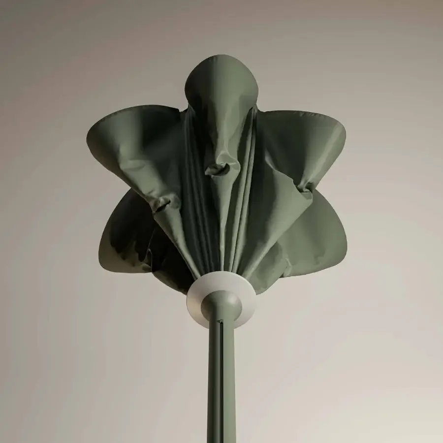 Distinguished Royal Botania Anamon sunshade crafted in muted olive green fabric with a smooth matte finish and integrated warm white lighting