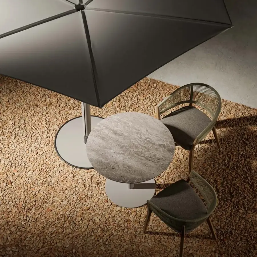 Distinguished Royal Botania Anamon sunshade with a flower-like unfolding canopy in dark gray textile and white satin metal frame