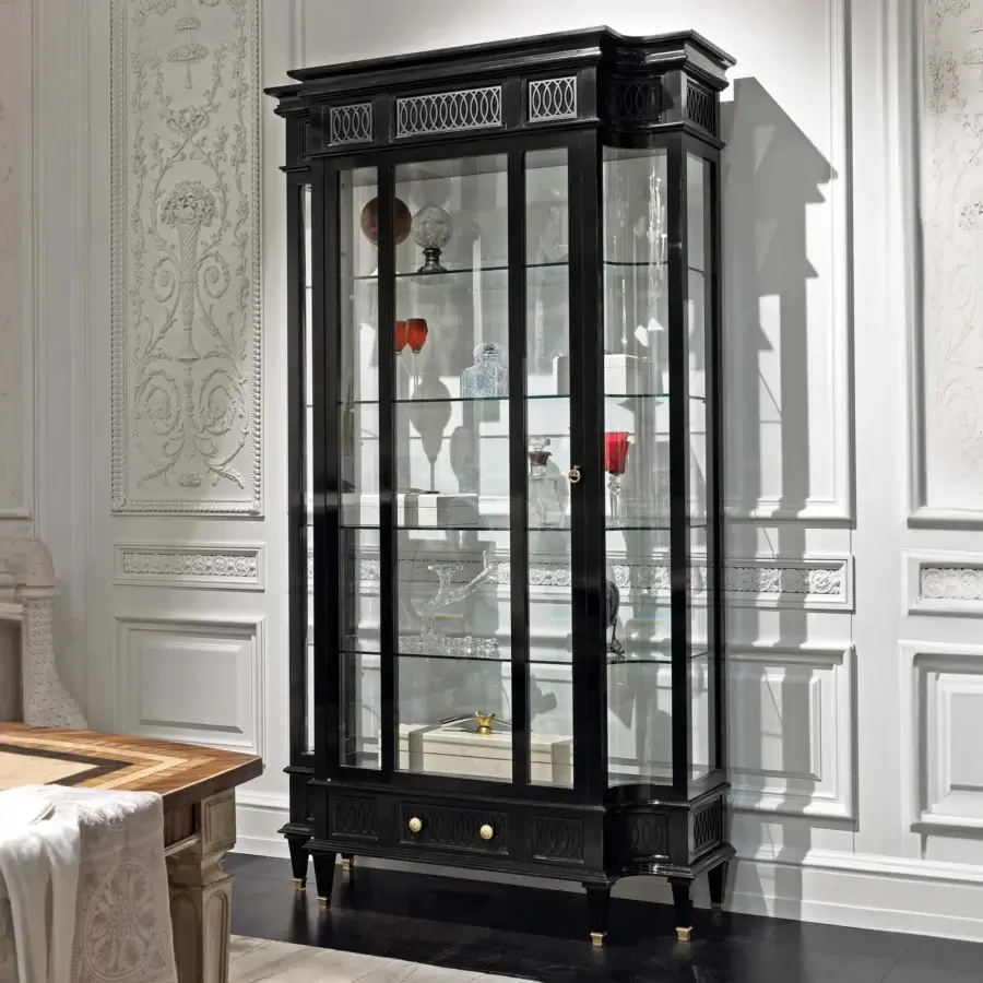 Distinguished Provasi 1801 showcase bar cabinet crafted from maple with a deep black lacquered finish and subtle gold accents