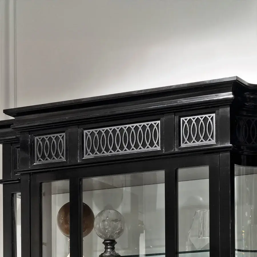 Exceptional Provasi 1801 showcase bar cabinet crafted from maple with a deep black lacquered finish and delicate gold accents