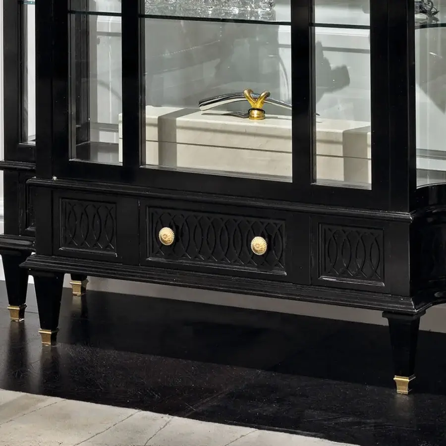 Distinguished Provasi 1801 showcase bar cabinet crafted from maple with a deep black lacquered finish and gold-toned hardware