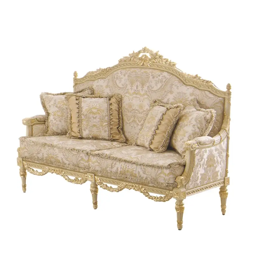 Distinguished Modenese Imperial Majesty sofa upholstered in lavish damask fabric with ivory wood and gold leaf details
